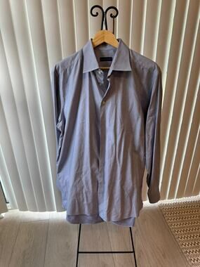 ETRO Italy 45 Geometric Print Cotton Dress Shirt Blue Micro Dot XL
